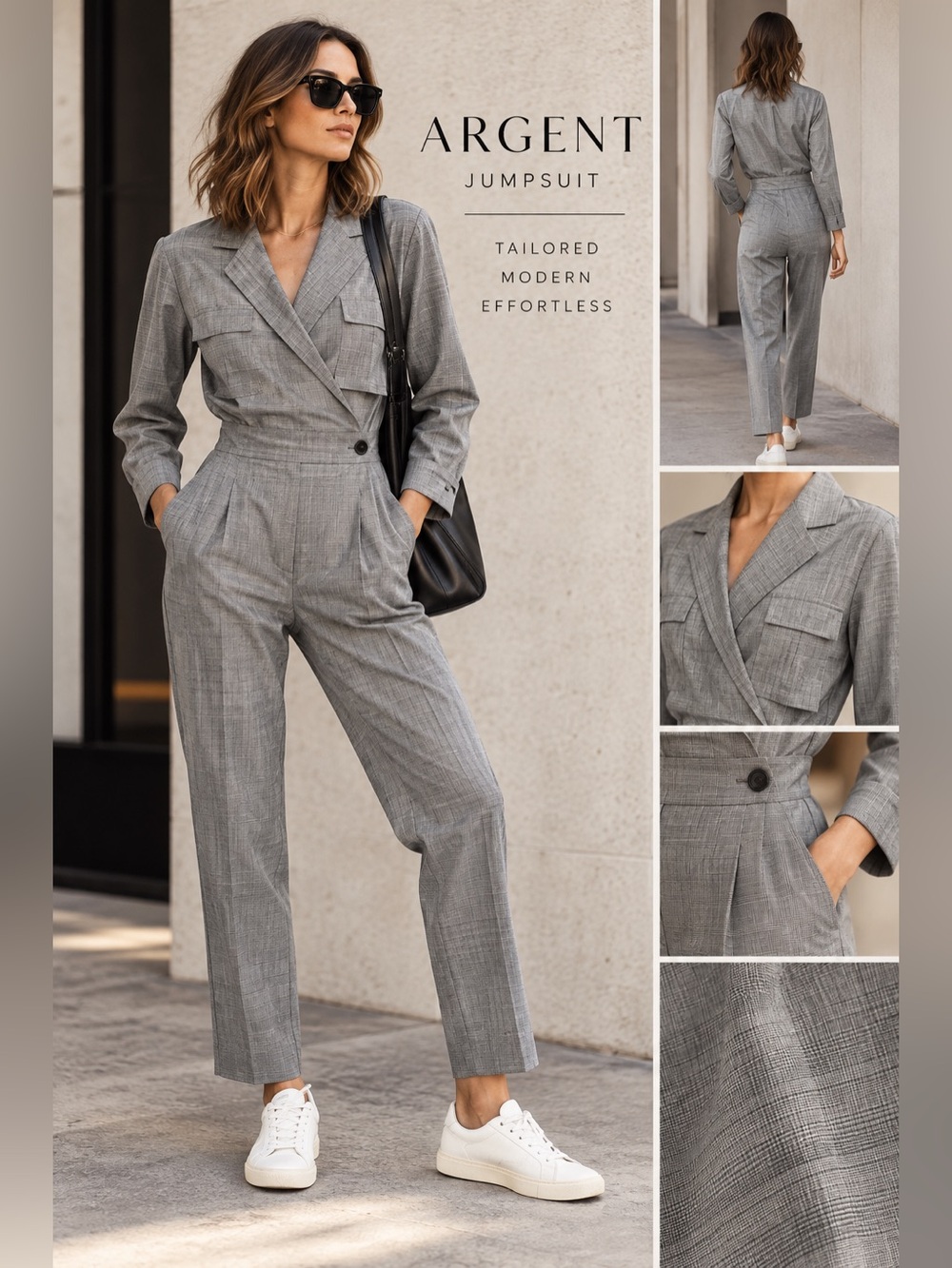Argent jumpsuit Gray Glen Plaid Tailored Wrap Long Sleeve Career One Piece size4